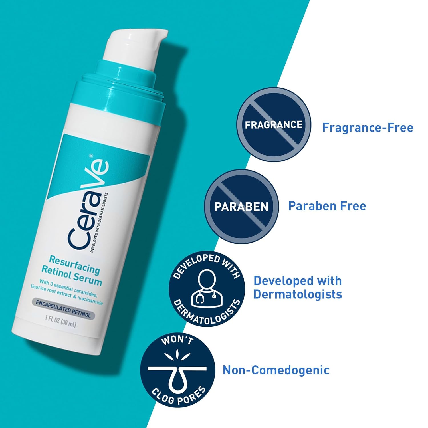 CeraVe Resurfacing Retinol Serum For Post Acne Marks, Formulated With Licorice Root Extract & Niacinamide, Brightening Serum & Pore Minimizer For Face, Post Acne Skin Barrier Repair, Non-Comedogenic - 30ml