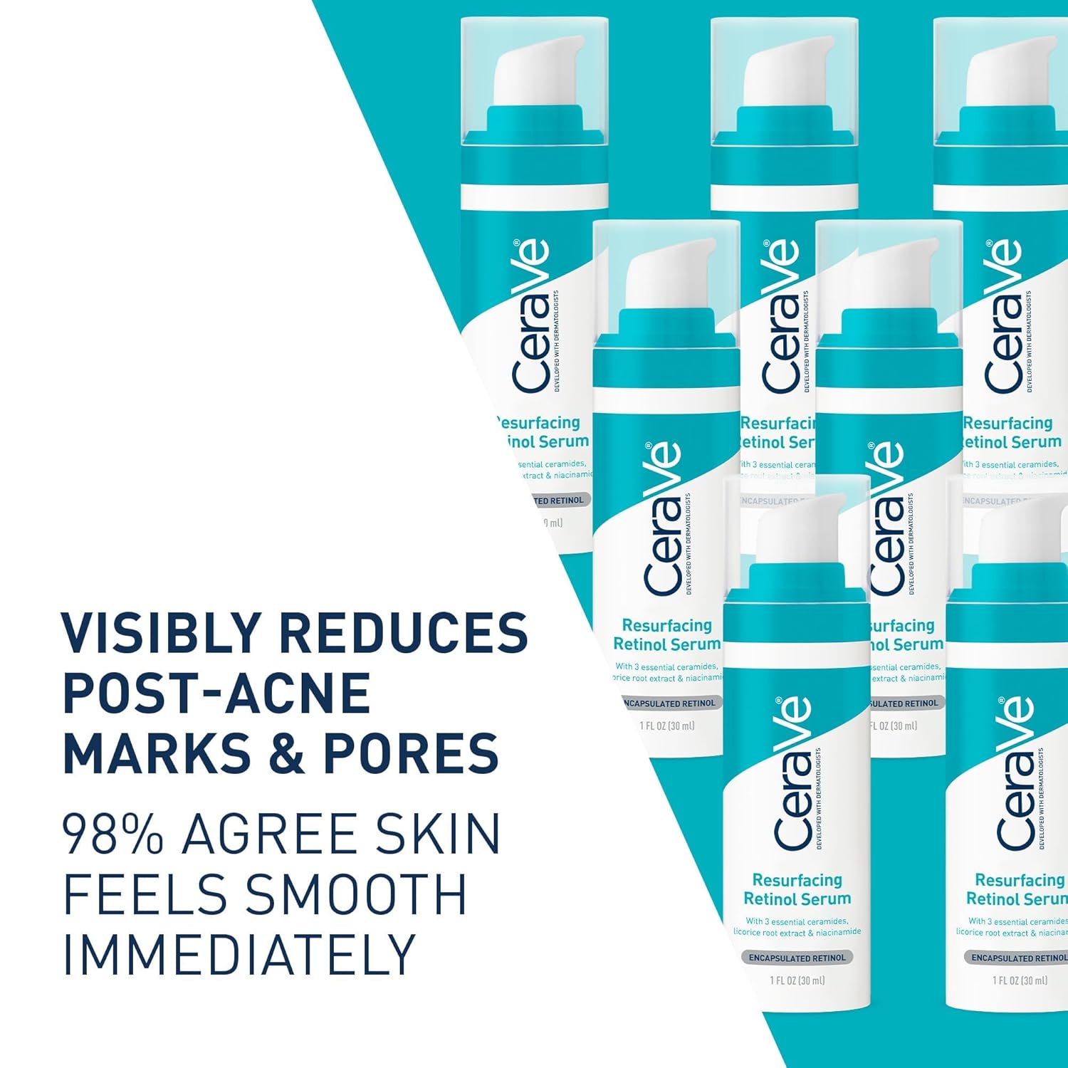 CeraVe Resurfacing Retinol Serum For Post Acne Marks, Formulated With Licorice Root Extract & Niacinamide, Brightening Serum & Pore Minimizer For Face, Post Acne Skin Barrier Repair, Non-Comedogenic - 30ml
